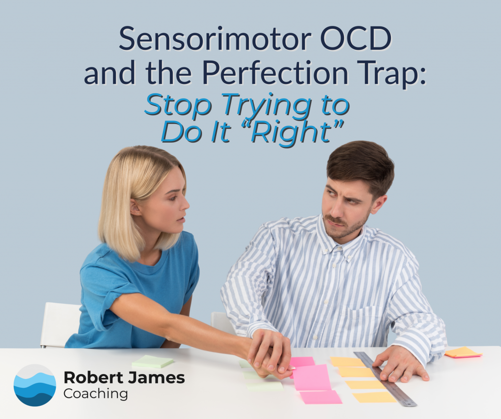 Sensorimotor OCD and perfectionism explained visually, highlighting compulsive monitoring of breathing, swallowing, and body sensations while trying to recover correctly.